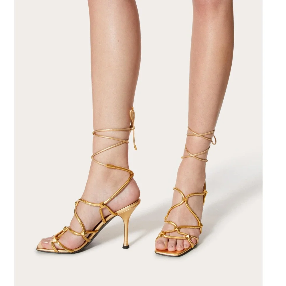NIB Valentino Garavani Rockstud Net lace-up Heel Leather Sandals 40